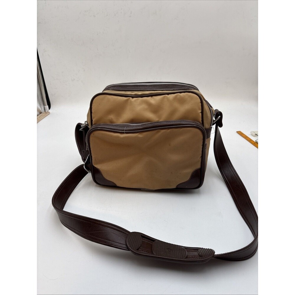Y2K Vintage Tan Canvas Brown Faux Leather Camera Shoulder Bag Multi Pocket